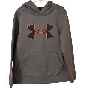 Under Armour Kids Gray Hoodie Youth Small Orange Logo Pullover Sweatshirt NOTE!